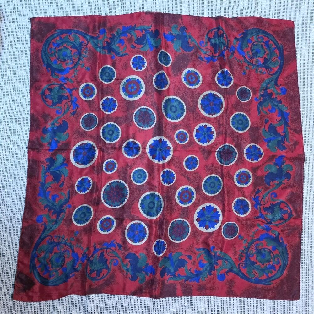 Vintage 80'S GINNIE JOHANSEN Pure Silk Floral Hand Rolled Edges Scarf Burgundy